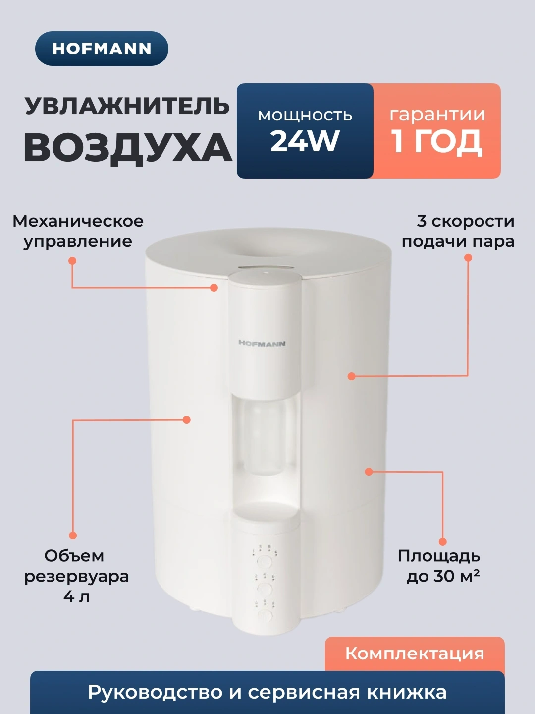 Увлажнитель и освежитель воздуха HOFMANN SHR24ANMCW, 4 л, 3 скорости, с ароматизацией — фото 1