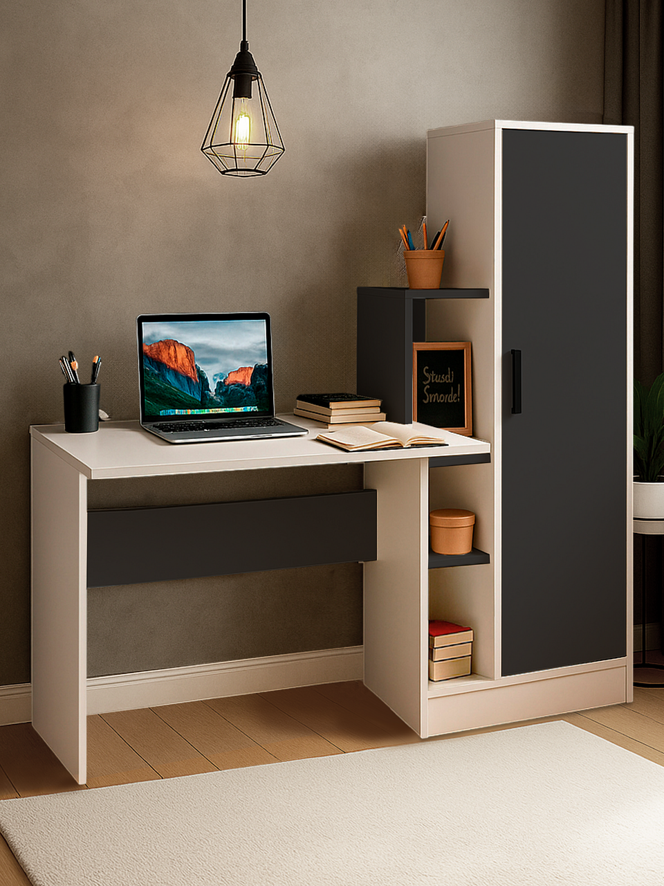 Стол компьютерный письменный для школьника, прямой стол с полками и шкафом Виво-2, 135х60х135 см, Белый/Антрацит