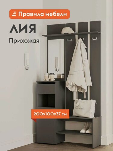 Изображение товара Прихожая комплект Лия с полками, с ящиком, с вешалкой, с зеркалом, 100.2х37.2х200 см, Графит