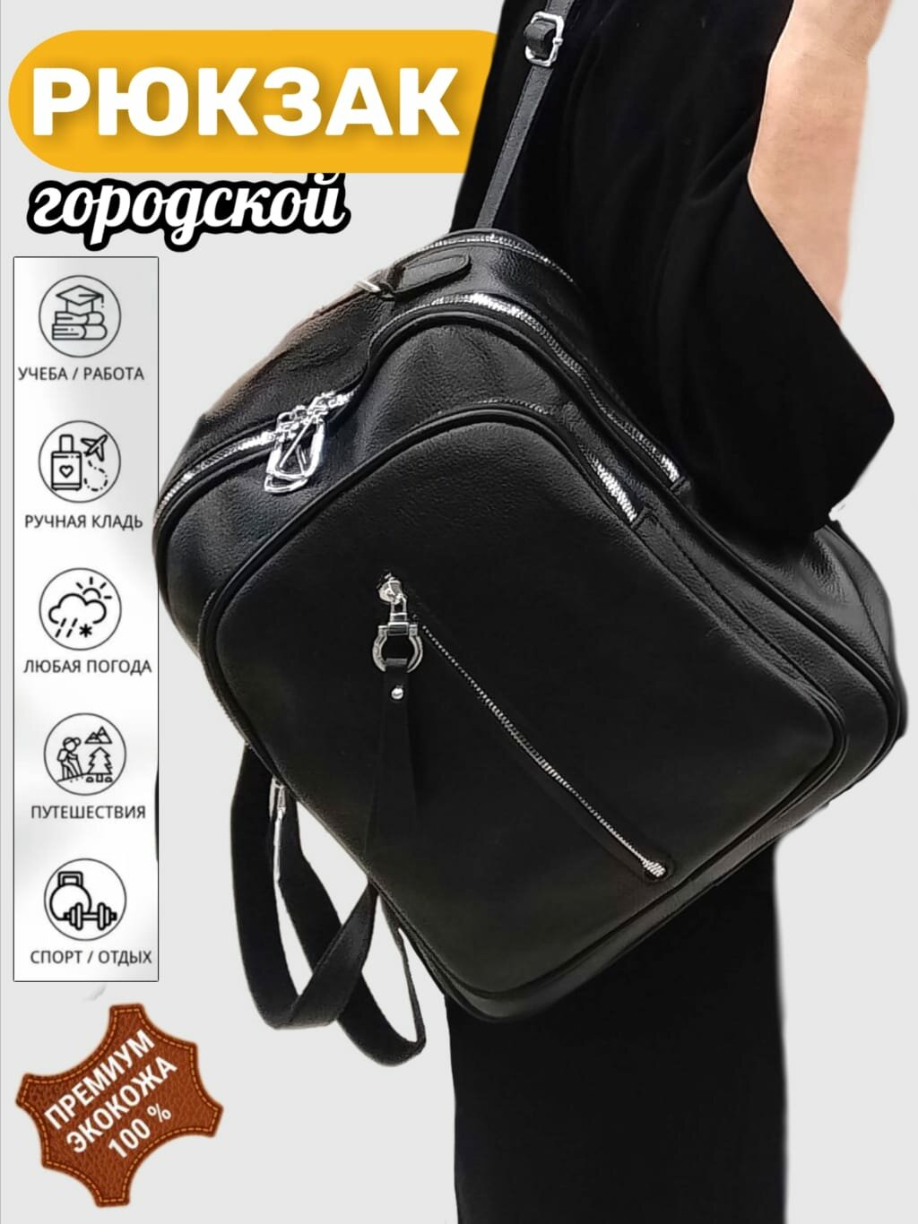 Рюкзак женский городской школьныйтуристический кожаный черный