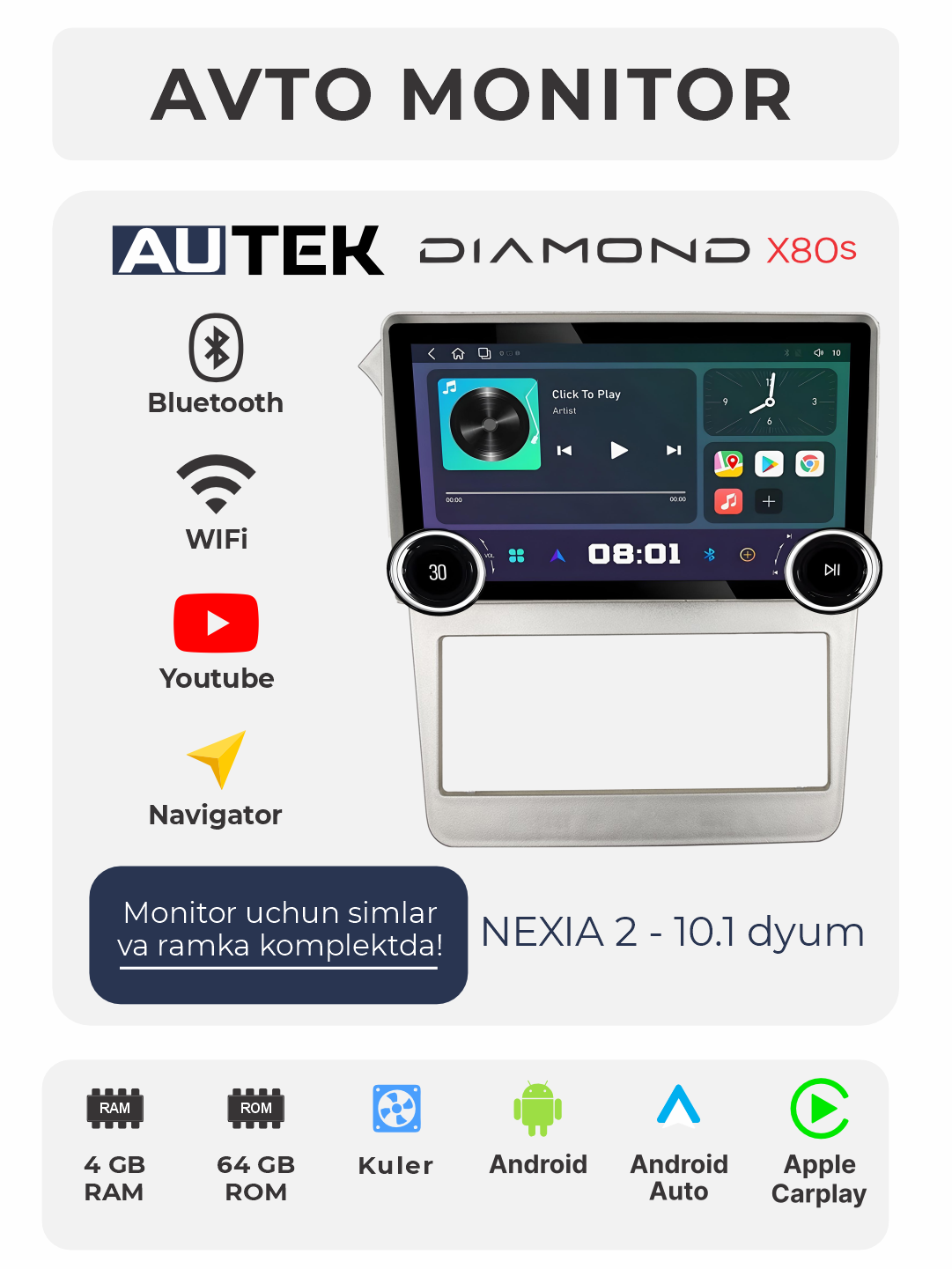 Авто монитор Tesla / Diamond X80 2K, 10.1 дюйма 4+64 ГБ, WiFi кулер, с рамкой и кабелями.