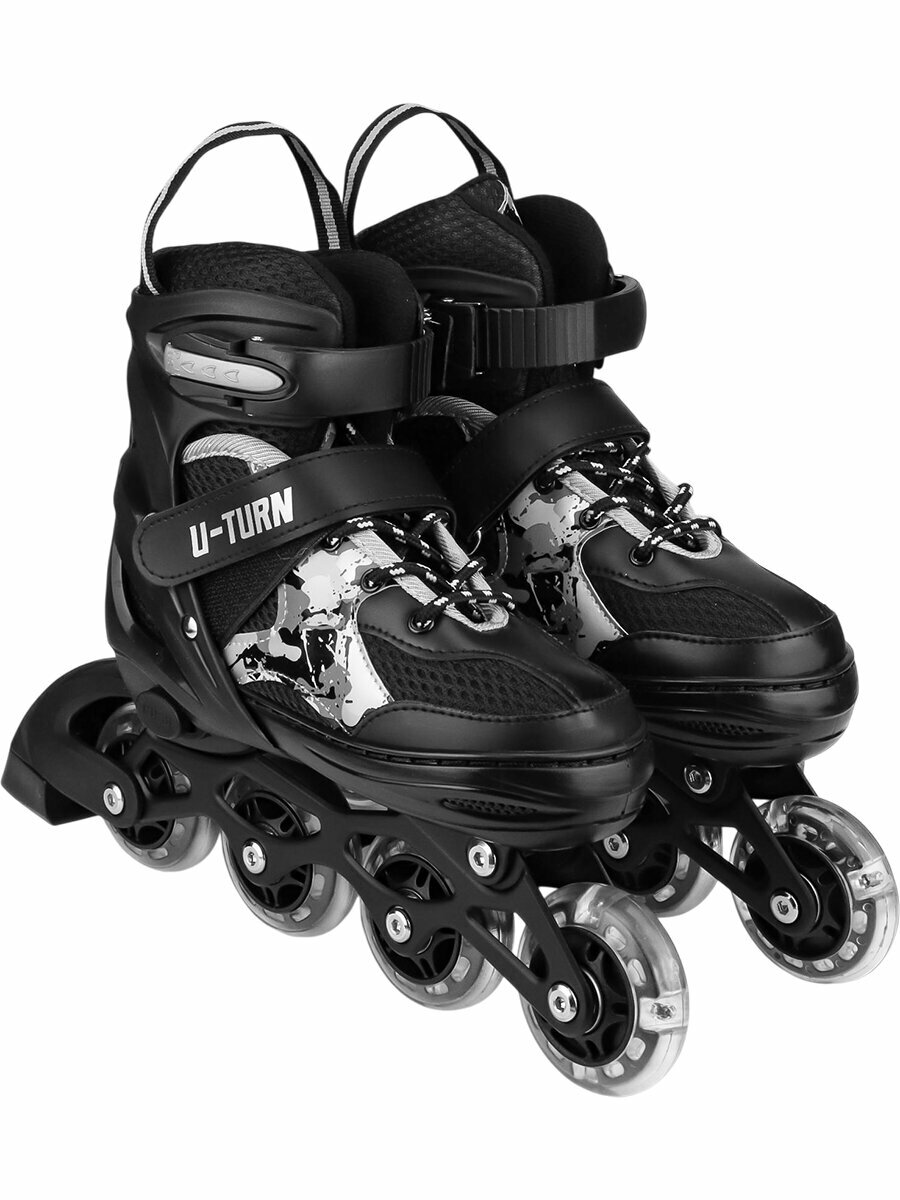 Роликовые коньки 2в1 с лезвием (коньки ролики) раздвижные (размер 33-36) сияние серо-чёрный (арт. КР-0098)