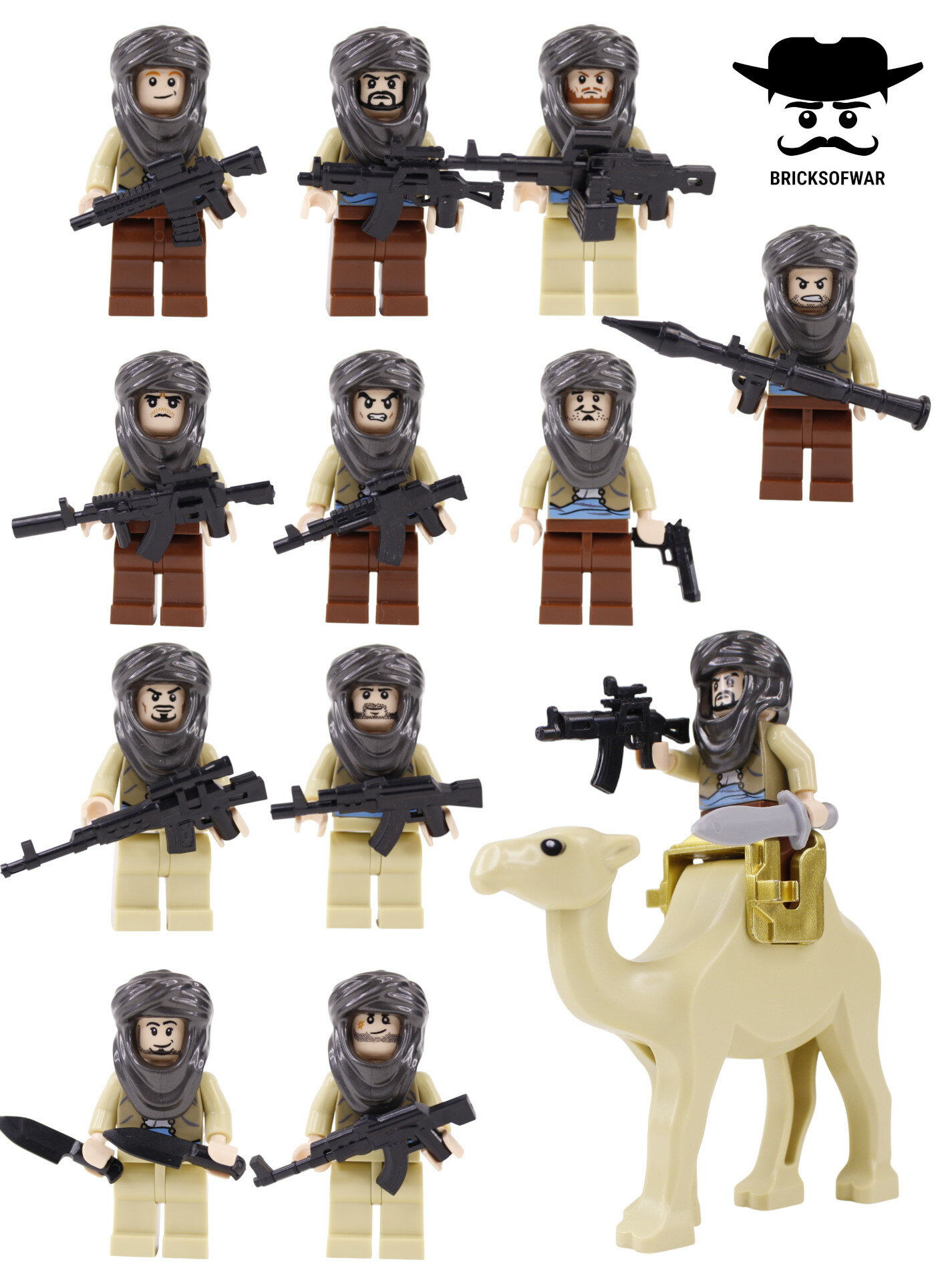 Набор минифигурок солдат в пустыне с верблюдом, 12 фигурок и верблюд, совместимы с Лего, аксессуары и оружие