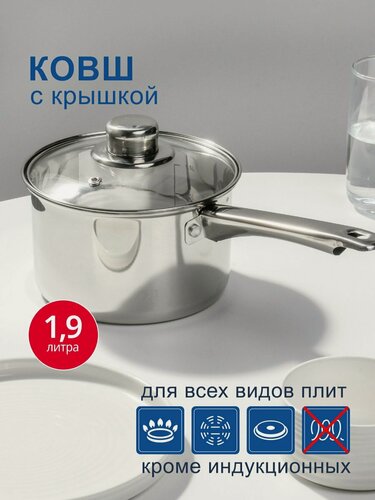 Изображение товара Ковш из нержавеющей стали 1.9 л с крышкой, диаметр 16 см, для газовых, электрических и стеклокерамических плит, модель DNN3