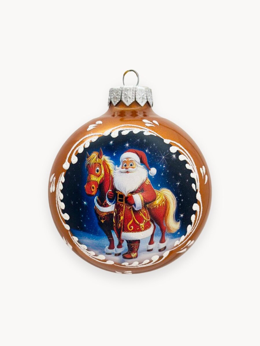 Елочный шар Ленигрушка Лошадка с Дед Морозом золотой шар 80 мм