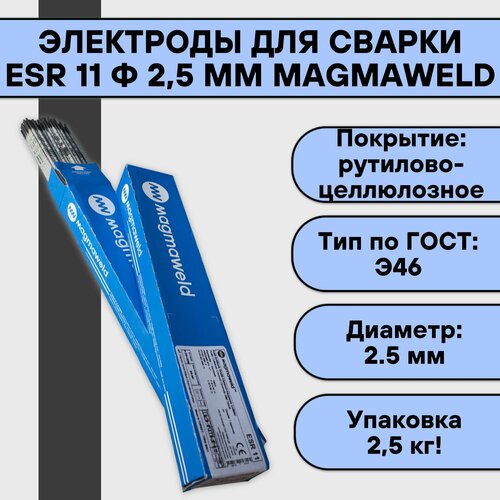 Электроды рутил-целлюлозные 2,5х350 мм MAGMAWELD ESR 11 (АНО-21) 2,5 кг сварочный электрод magmaweld esr 11 аналог esab ок 46 00 d 3 00х 350мм 3 0 кг