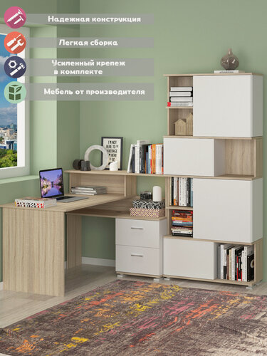 Изображение товара Компьютерный, письменный стол-стеллаж Эмбер, сонома-белый, с тумбой, с полками, универсальный угол