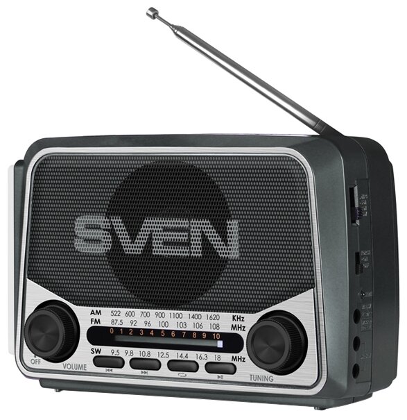Радиоприемник SVEN SRP-525, серый/ 3 Вт/ FM/AM/SW/ USB/ microSD/ фонарь/ встроенный аккумулятор