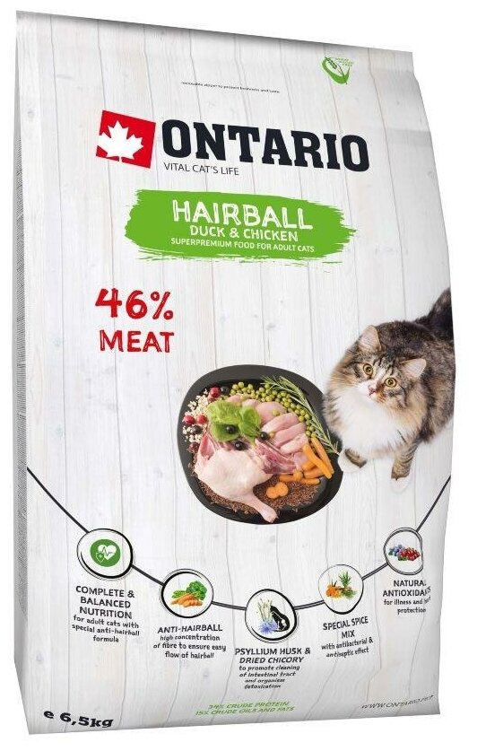 Корм Ontario Hairball для вывода шерсти из желудка, для кошек, с уткой и курицей, 2 кг - фотография № 8