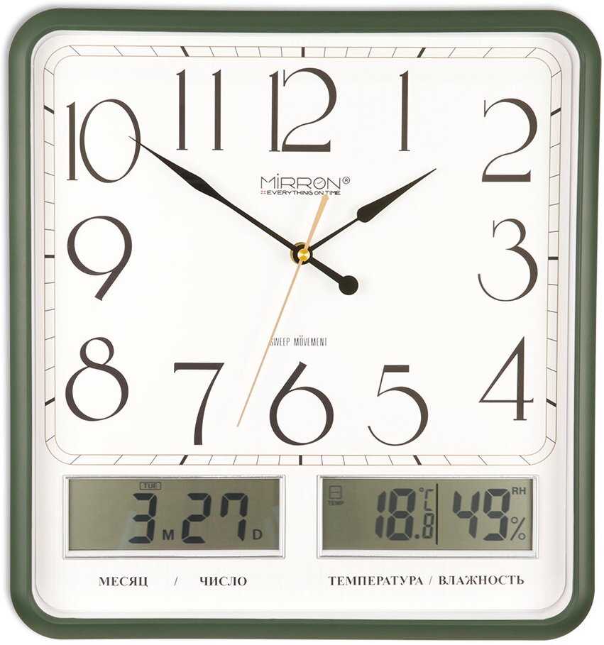 Большие настенные часы MIRRON P3325A-2 ЖК ЗЛБ/Матовый зелёный цвет корпуса/Белый (светлый) циферблат/Два ЖК дисплея/Часы с датой/Часы с термометром, гигрометром
