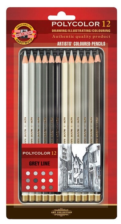 Карандаши цветные художественные Koh-I-Noor «Polycolor Grey Line», 12цв, заточен, металл. пенал, блистер