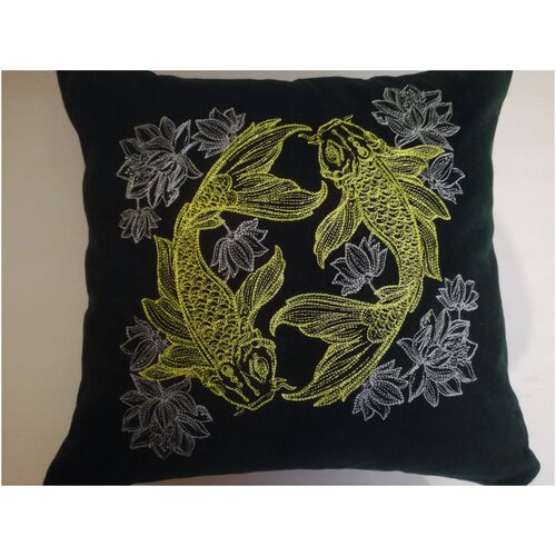 Дизайнерская, декоративная подушка с машинной вышивкой, из бархата. Знаки зодиака Рыбы.