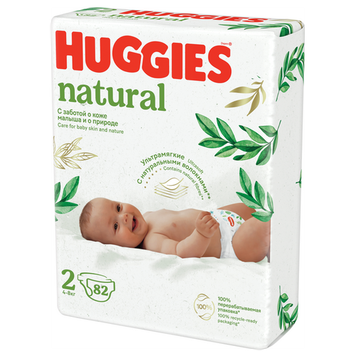 Трусики-подгузники Huggies Natural для новорожденных 4-8 кг 2 размер 82 шт.