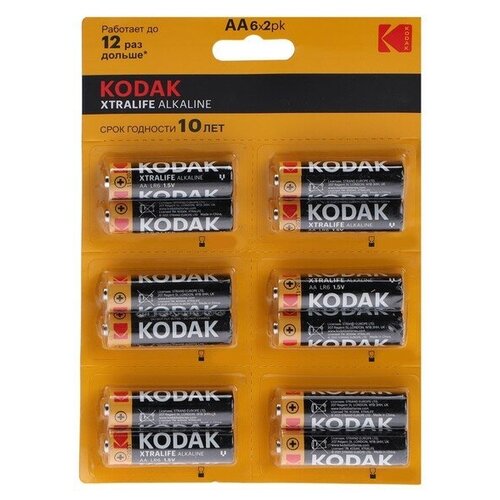 Батарейка алкалиновая Kodak Xtralife, AA, LR6-12BL, 1.5В, блистер, 12 шт. элемент питания lr6 12bl perforated 6x2bl xtralife alkaline [kaa 2x6 perf] 14457618432 kodak б0038794 12 шт