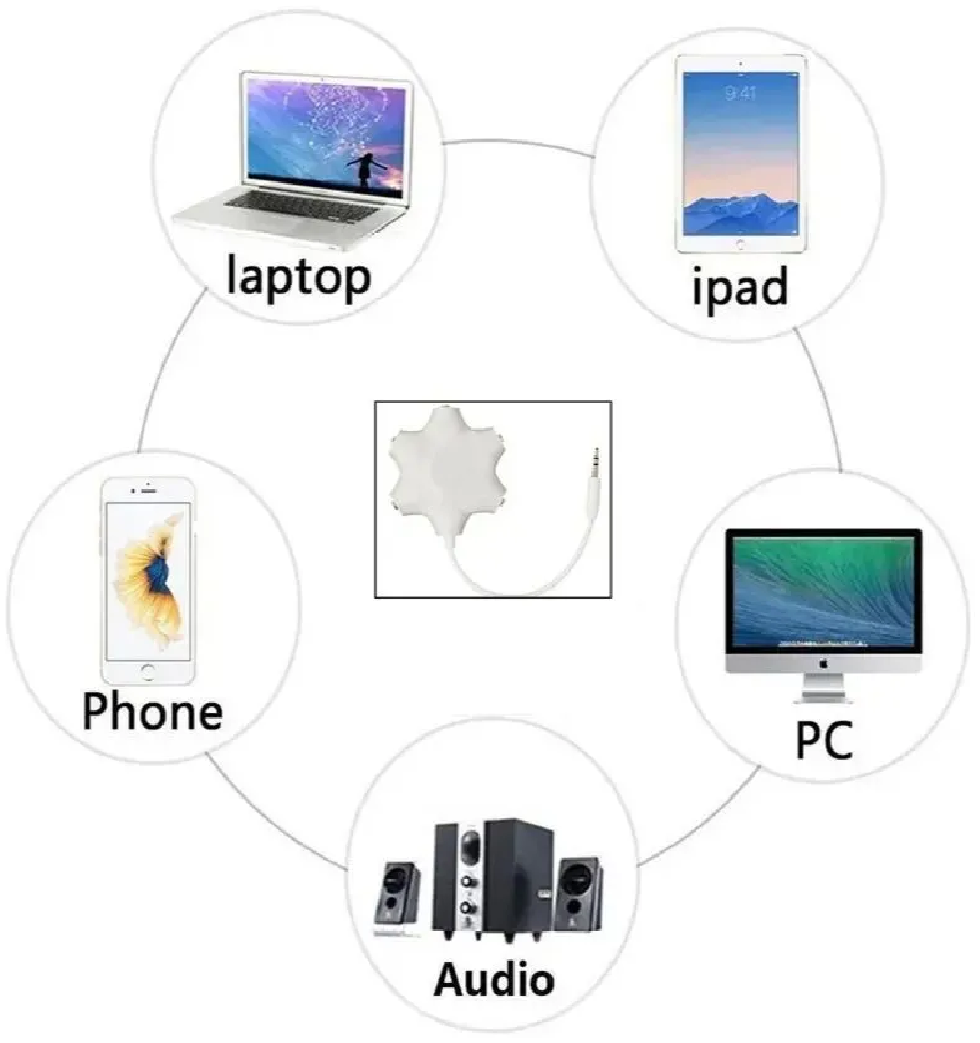 Переходник-разветвитель AUX для наушников, микрофона, 6 выходов аукс Jack 3.5мм, аудиопереходник сплиттер для телефона ноутбука планшета White Белый