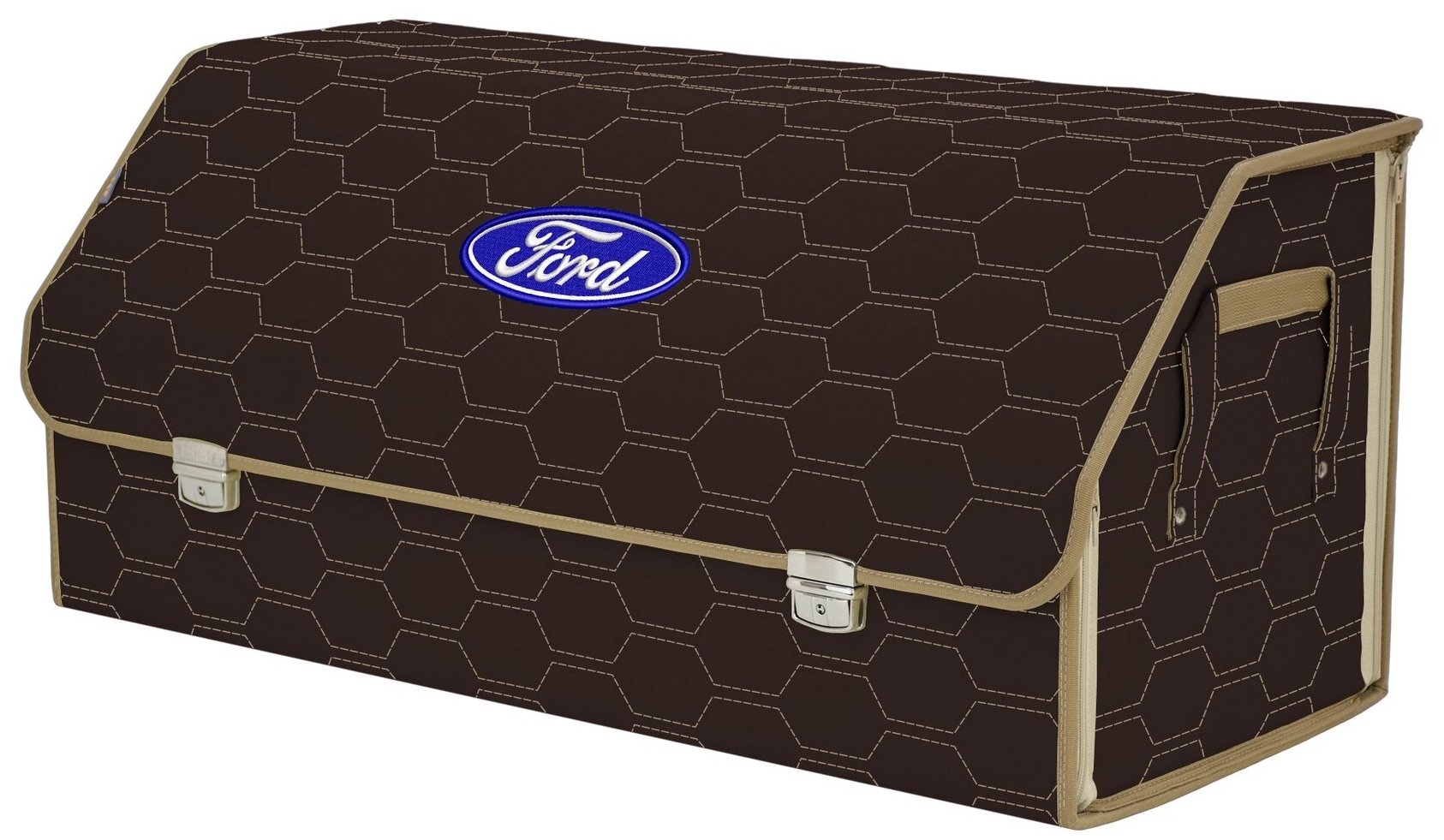 Органайзер-саквояж в багажник "Союз Премиум" (размер XXL). Цвет: коричневый с бежевой прострочкой Соты и вышивкой Ford (Форд).