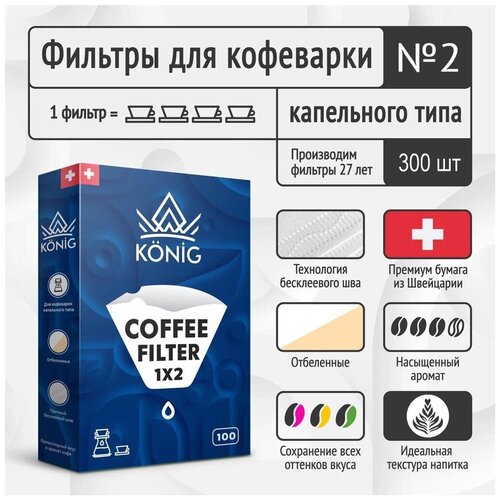 Фильтры бумажные для кофе, кофеварок, кофемашин белые KONIG №2 300 шт.