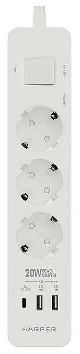 Сетевой фильтр Harper UCH-350 white PD3.0 (3 розетки, 2 USB-порта, 1 порт Type-C, 1,5 метра, шторки, встроенная защита от скачков напряжения и тока)