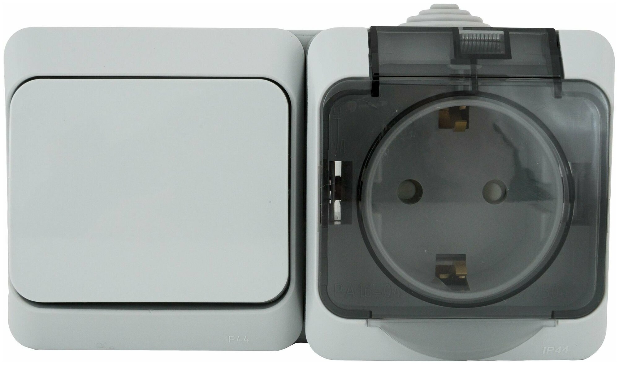 Блок выключатель с розеткой влагозащищённый Electric Этюд 1 клавиша с заземлением с крышкой IP44 цвет серый
