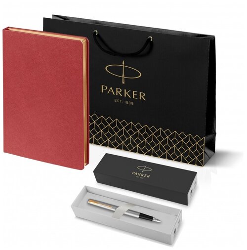 Подарочный набор: Ручка перьевая Parker Jotter Stainless Steel GT и Ежедневник недатированный красный