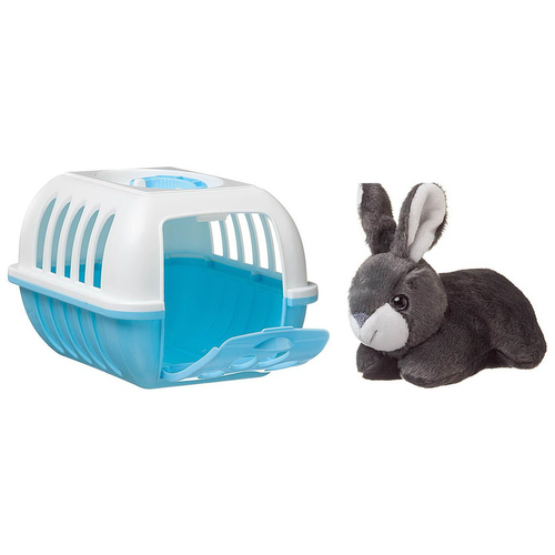 Мягкая игрушка Junfa toys, Кролик в голубой переноске, 13 см, голубой