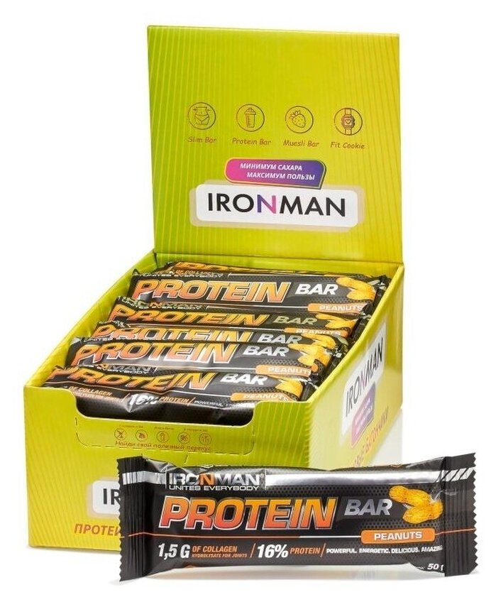 IRONMAN Protein Bar 50 г (коробка 24 шт) (Арахис)