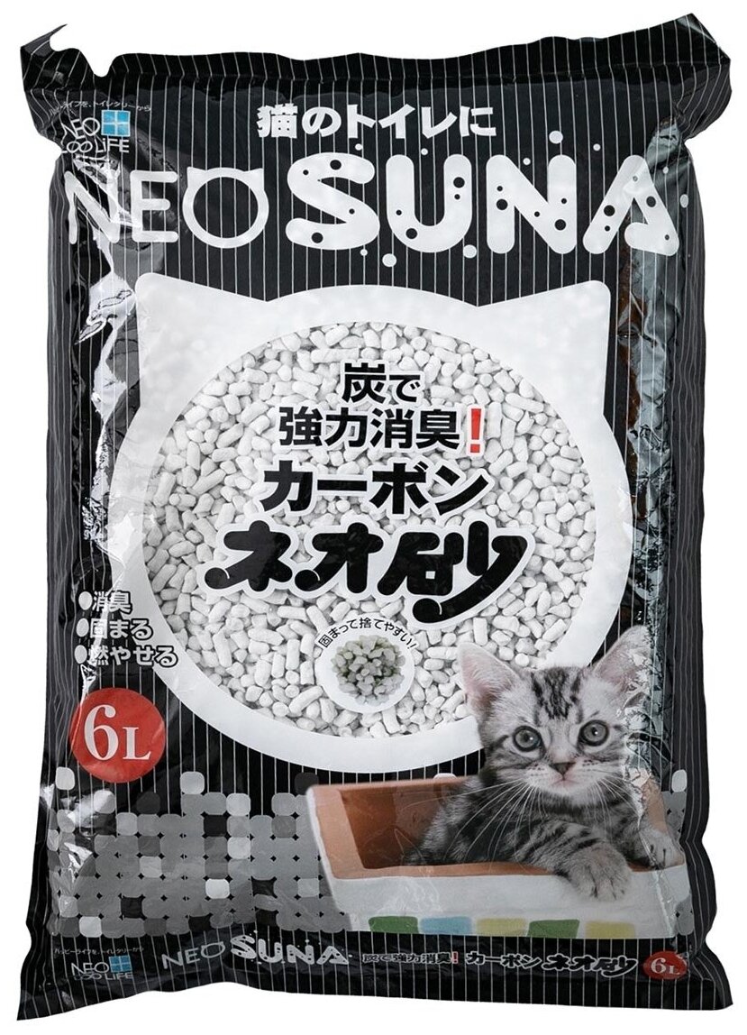 Neo Loo Life Наполнитель для кошачьего туалета объем 6 л, наполнитель для кошачьего туалета комкующийся, с активированным углем, экологичный состав (несмываемый в канализацию) / Японский наполнитель для кошачьего туалета