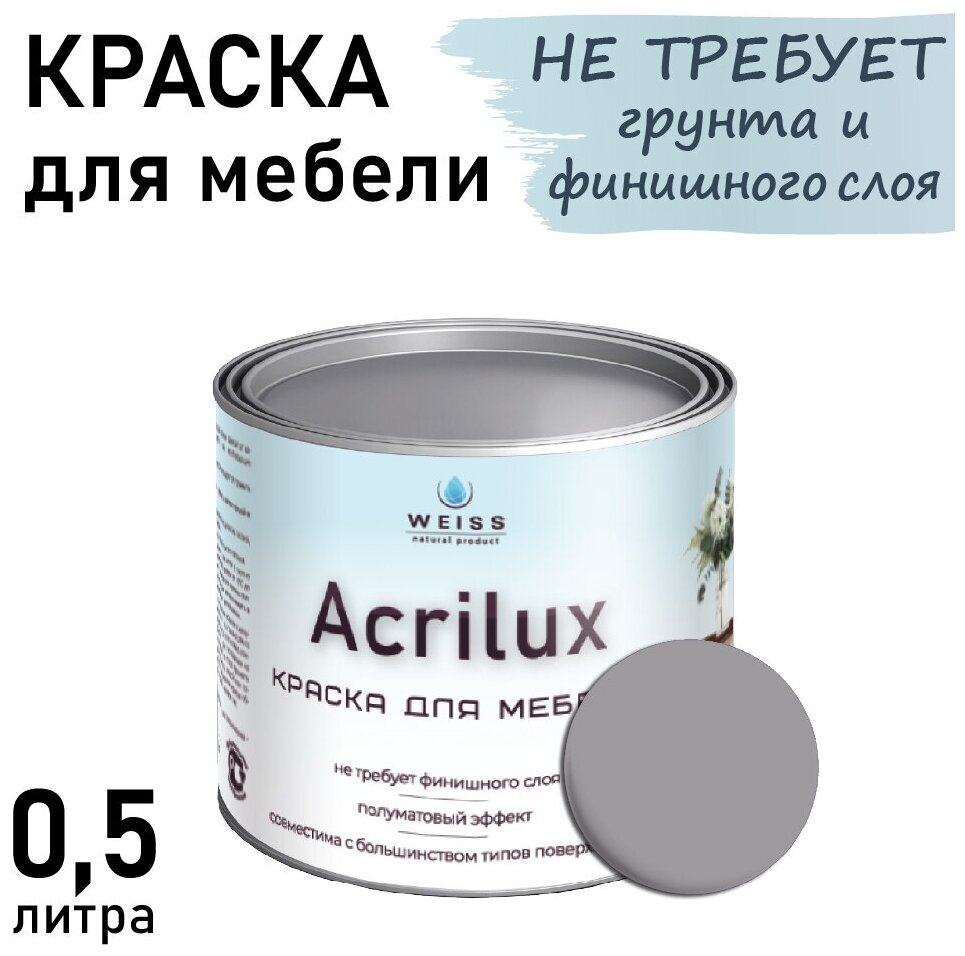 Краска Acrilux для мебели 0,5л RAL 7004, для кухонных фасадов, для декора, для творчества, моющаяся. без запаха