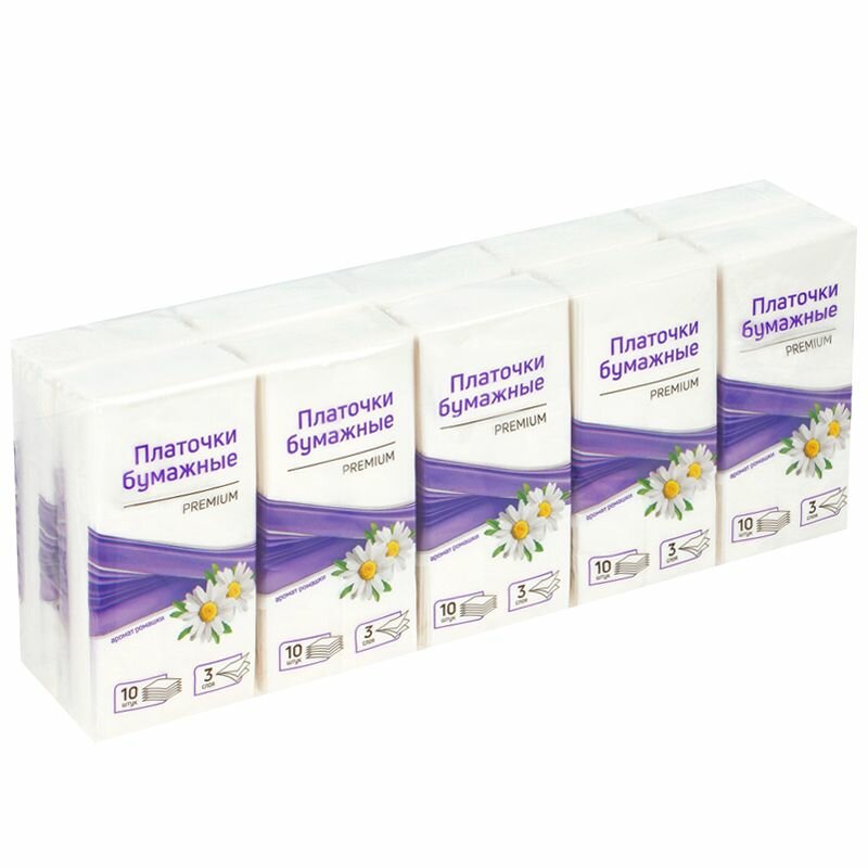 Картинки Платки бумажные носовые OfficeClean, 3-слойные, 19*20см, белые, 10шт в уп, ромашка