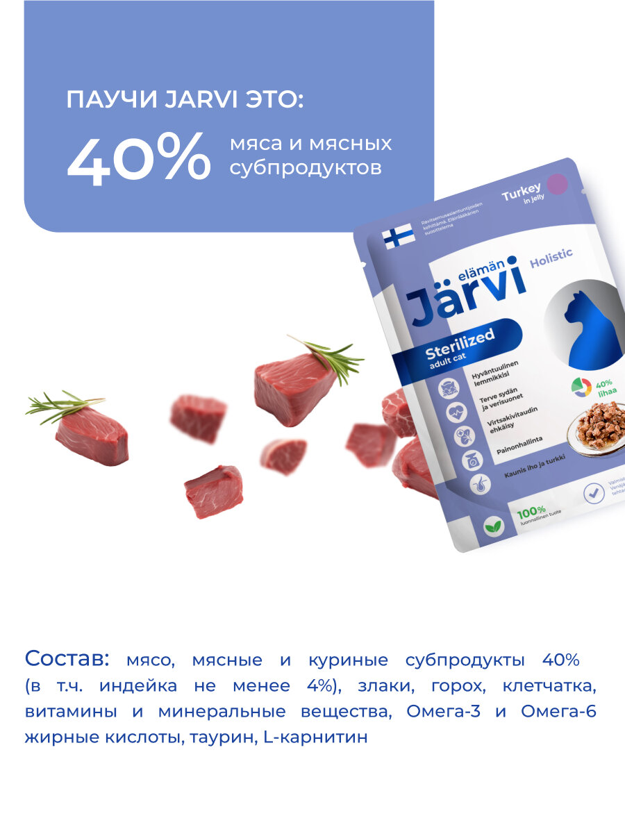 Изображение Влажный корм Jarvi для стерилизованных кошек (кусочки в желе) Индейка, 85 г х 12 шт.