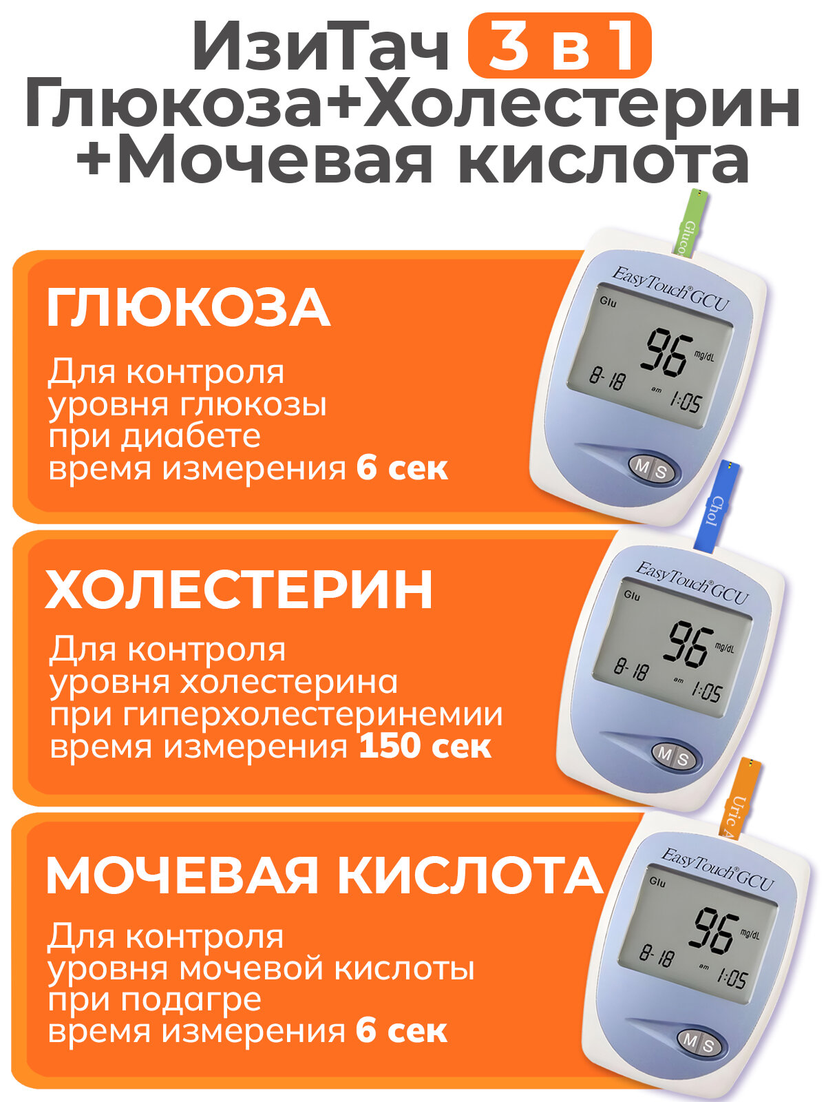 Изображение Анализатор Изи Тач (EasyTouch GCU) для контроля уровняглюкозы, холестерина и мочевой кислоты в крови