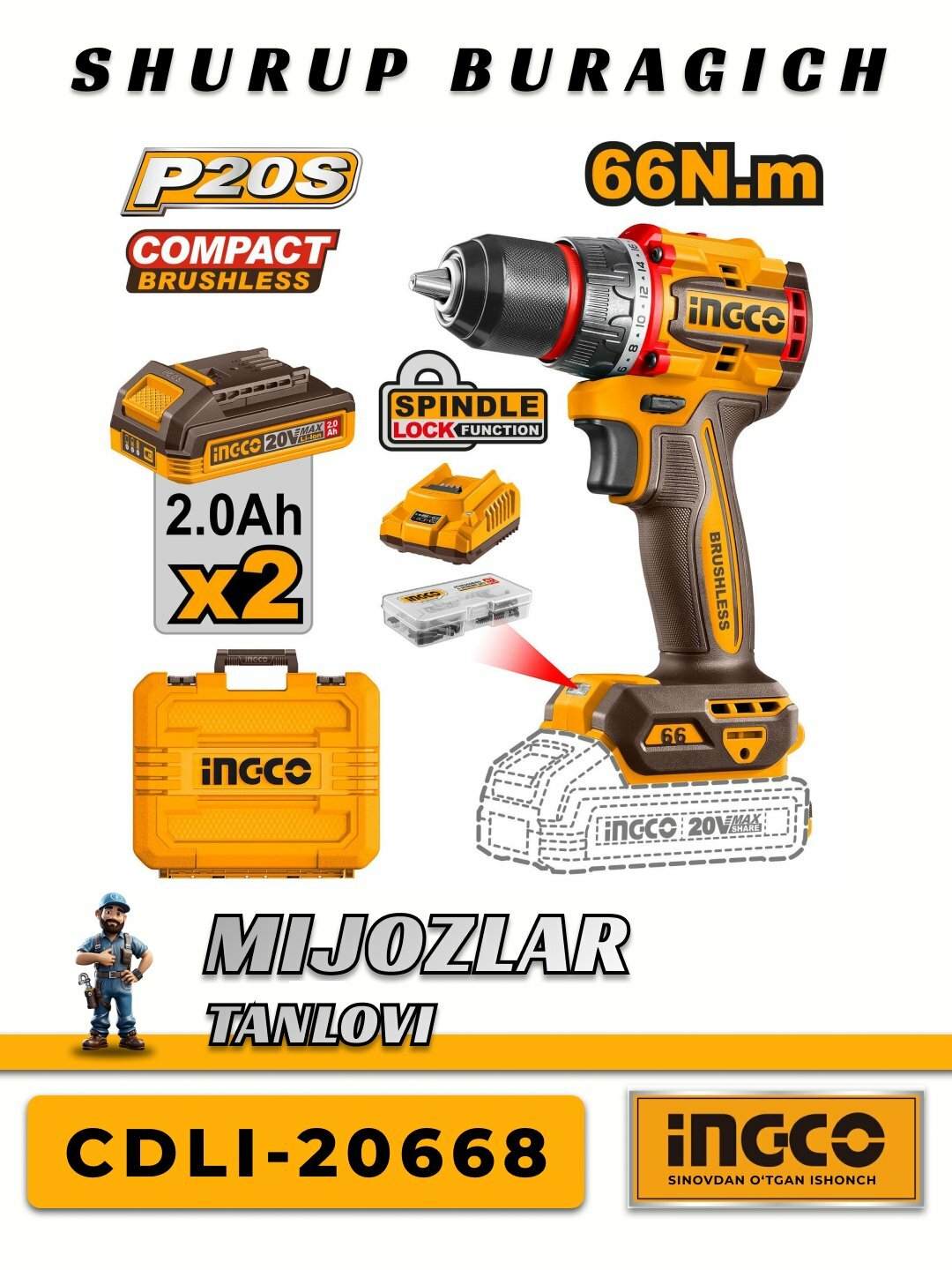 Аккумуляторный шуруповёрт INGCO CDLI-20668