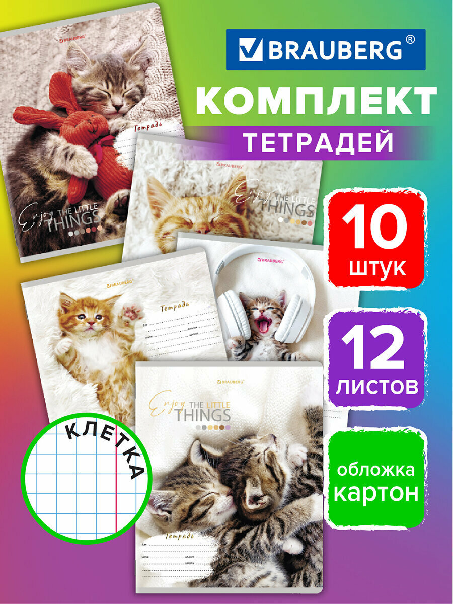 Тетрадь для школы тонкая 12 листов Комплект 10 штук Brauberg, клетка, обложка картон, Питомцы, 106663