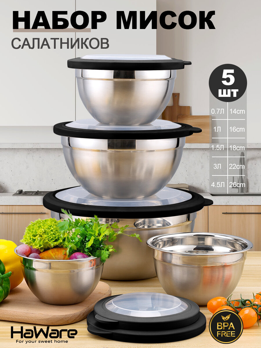 Набор мисок с крышками из нержавеющей стали 5 шт