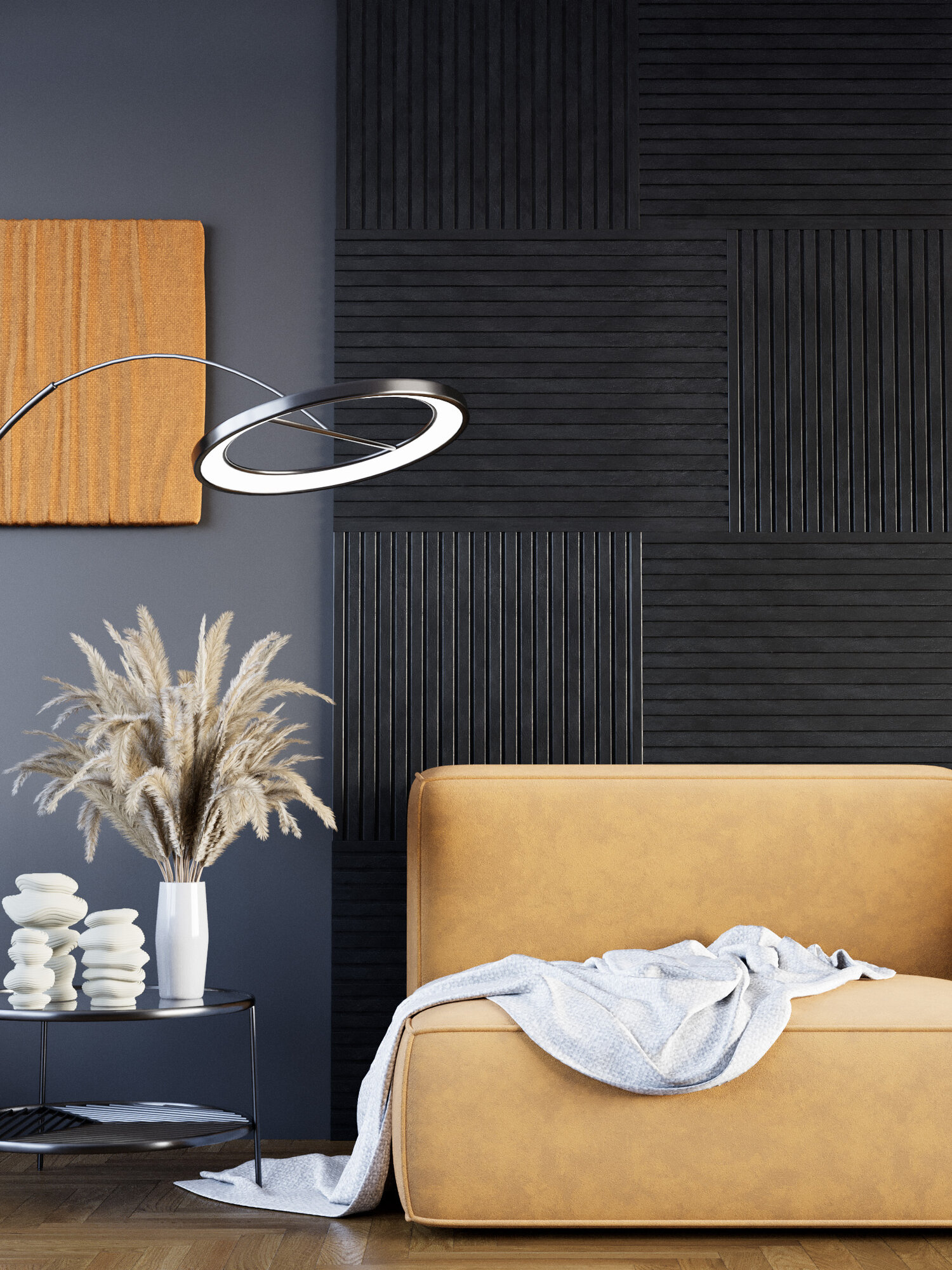 Комплект Реечной модульной стеновой панели саваш лофт черный 0.62 м2 - в комплекте 6 модульных панелей каждая габаритом 900*116*16 мм + 1 стартовая + 1 финишная планки