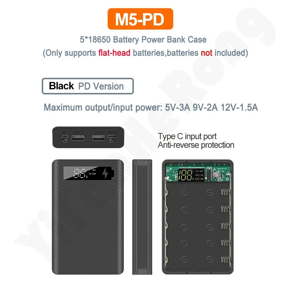 Двойной USB-выход 5x18650 аккумулятор держатель для аккумулятора «сделай сам» планшета ПК PD Black