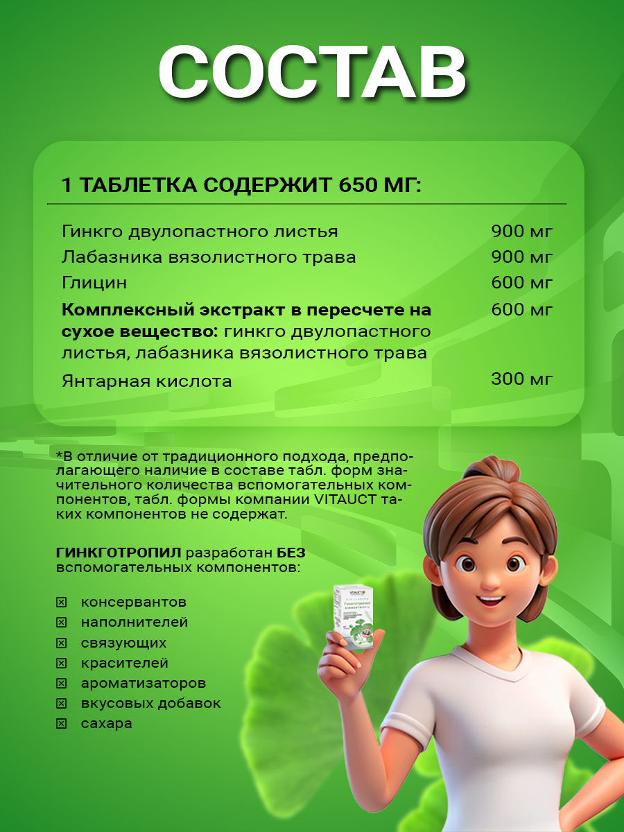 Препараты Для Периферического Кровообращения Гинкготропил Витаукт 60 таблеток, Для мозга, памяти и внимания