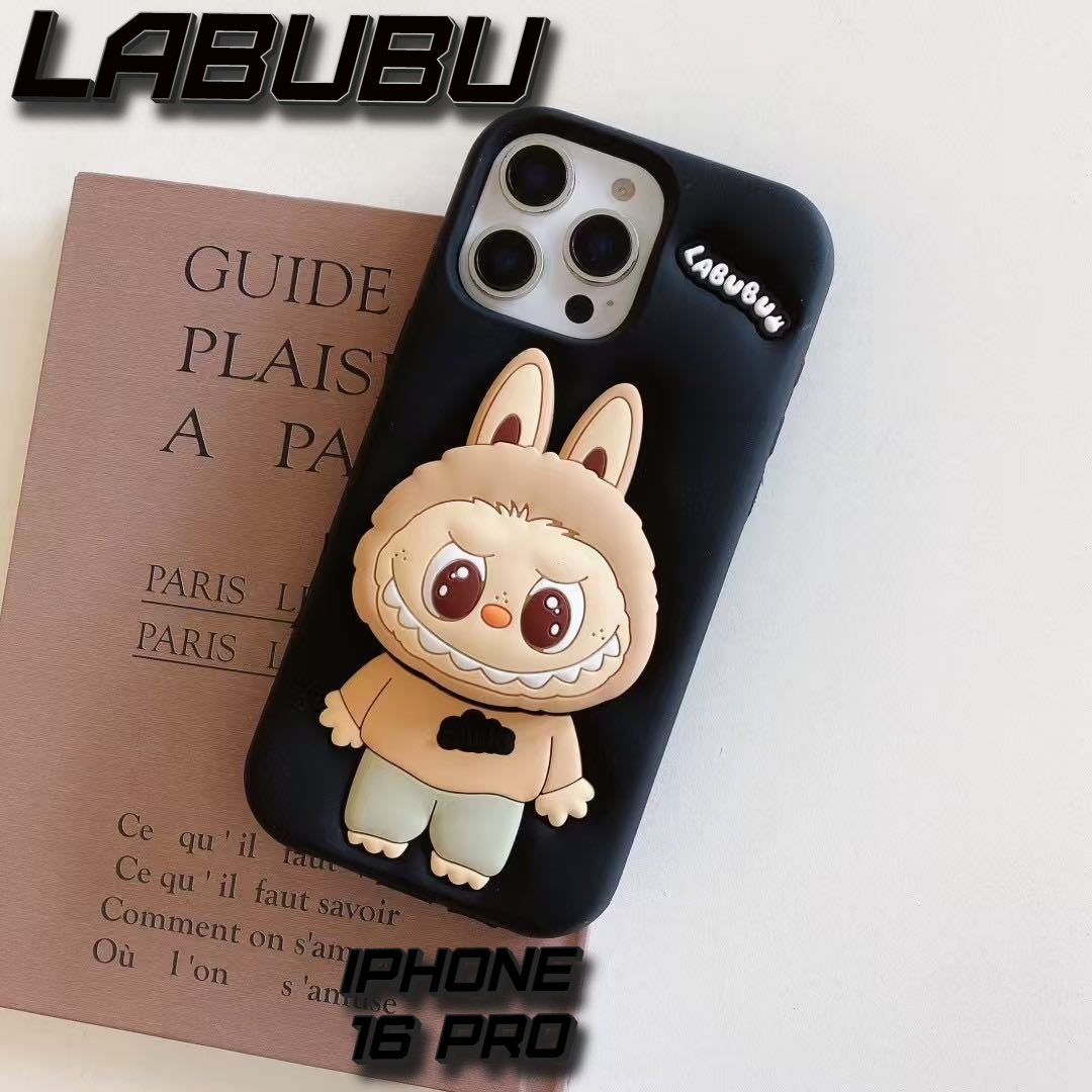 Силиконовый чехол Labubu для iPhone 16 Pro защитный, (Popsocket), черный