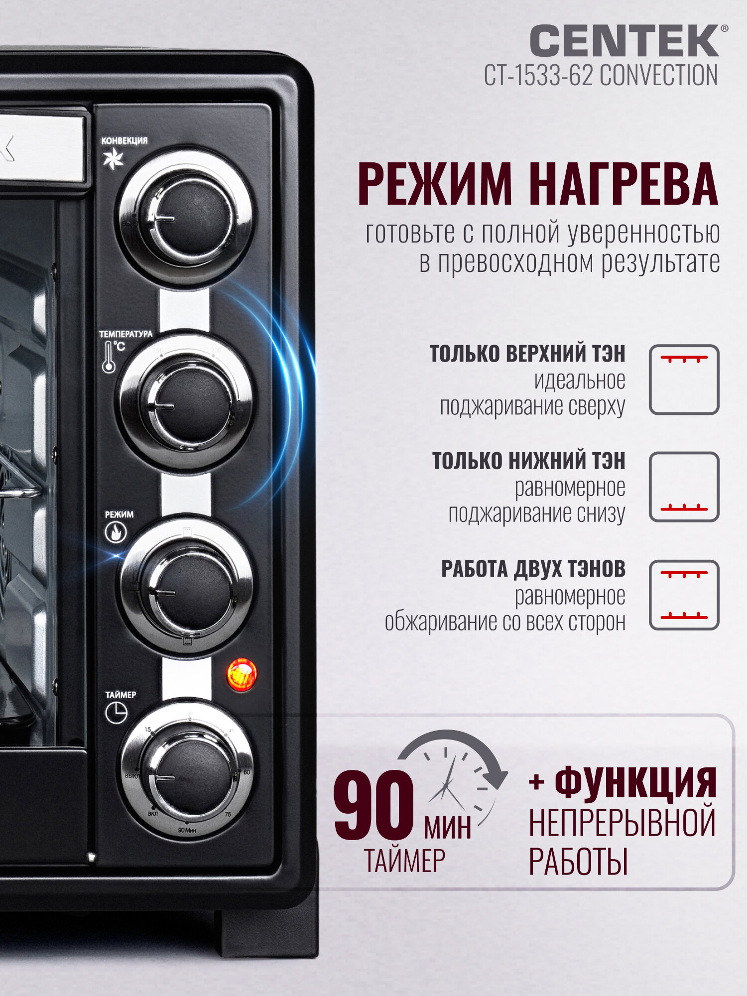 Мини печь Centek CT-1533-62 Convection, 62 л, 2200 Вт, 5 режимов, Таймер, С конвекцией. — фото 1