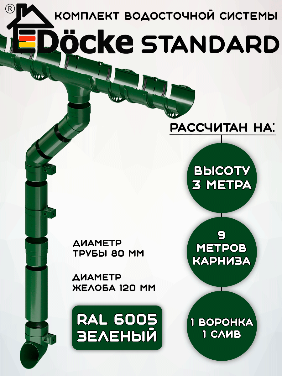 Комплект водосточной системы Docke Standard зеленый 9 метров (120мм/80мм) водосток для крыши Дёке Стандарт зеленый (RAL 6005)