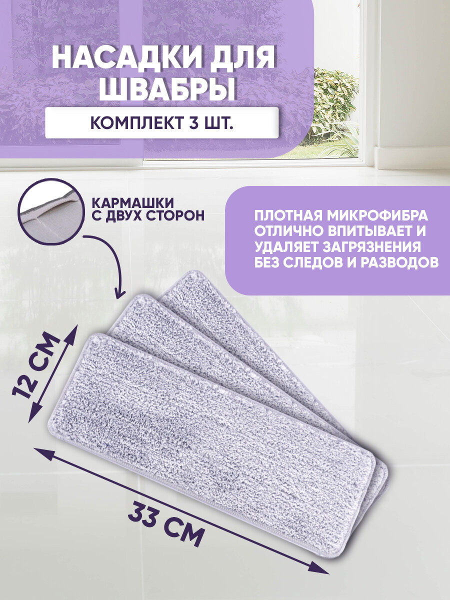 Насадки SBX для швабры из микрофибры комплект 3 шт для мытья полов длина 32.08 см серый
