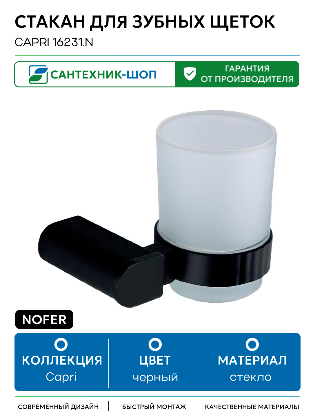 Стакан для зубных щеток Nofer Capri 16231  N Черный матовый стекло на стену