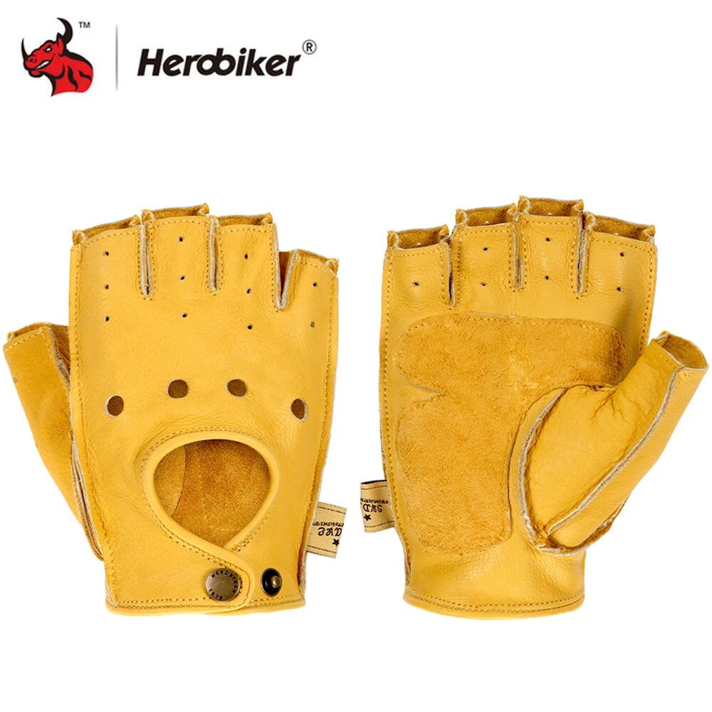 Мужские мотоциклетные перчатки без пальцев с половиной пальца, велосипедные перчатки для вождения, фитнеса, козьей кожи, искусственная кожа, дышащие, прочные, L, Желтый, Унисекс