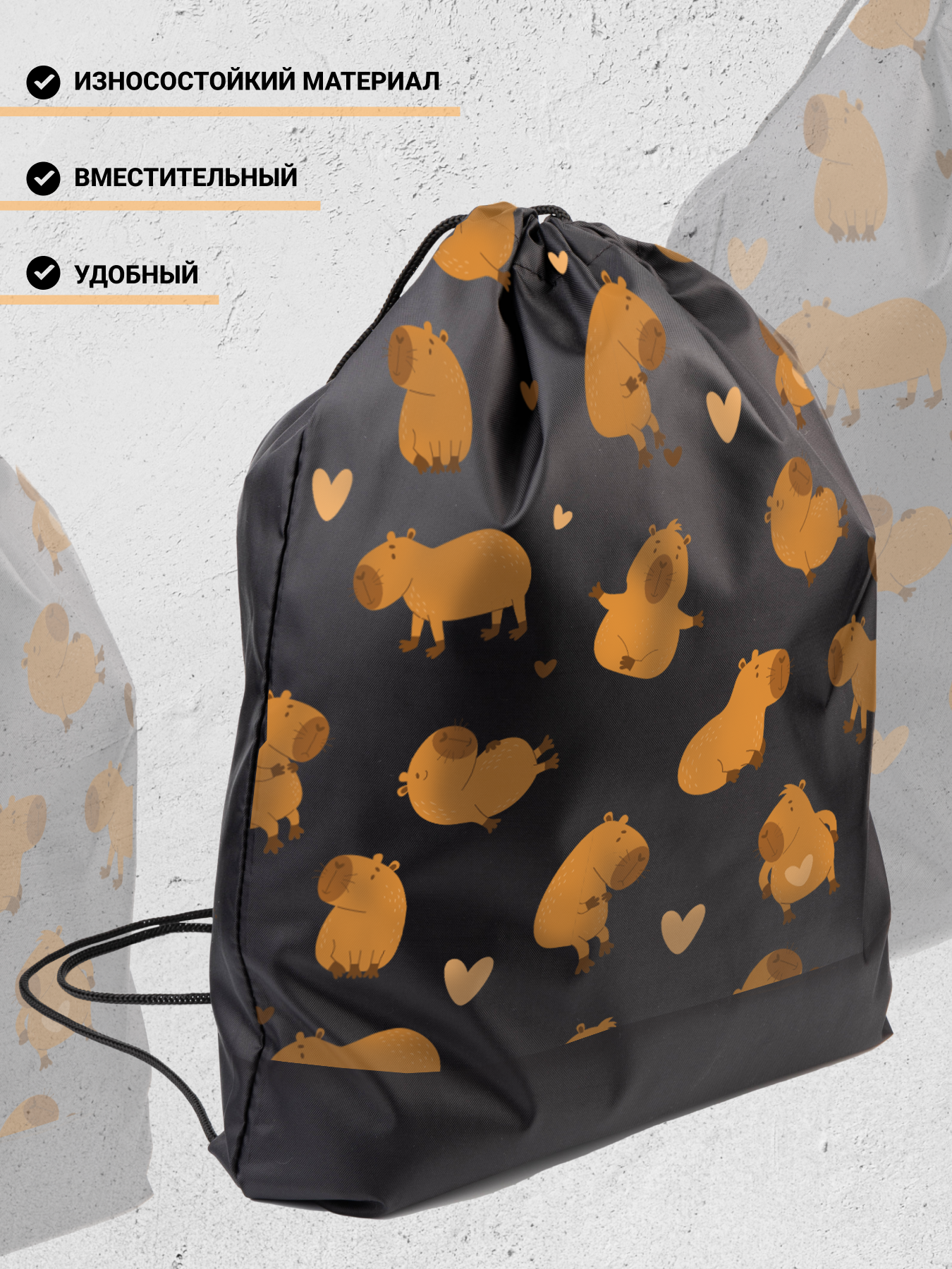 Мешок для сменной обуви AXLER для девочек и мальчиков, сумка для сменки, капибара — фото 1