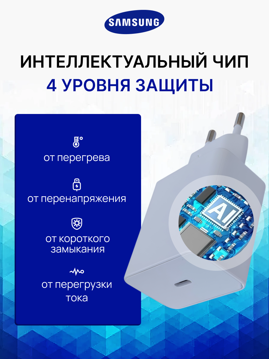 Зарядное устройство Samsung 45W оригинал PD Power Adapter с проводом 1.8 м. 5А TYPE-C, Супер-быстрая зарядка, белый — фото 1