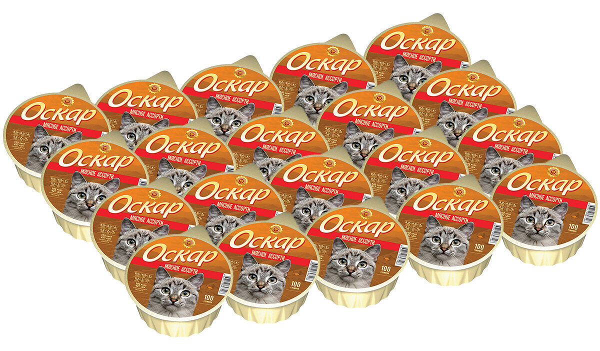 Влажный корм оскар, для кошек, с мясным ассорти, 100 гр х 20 шт