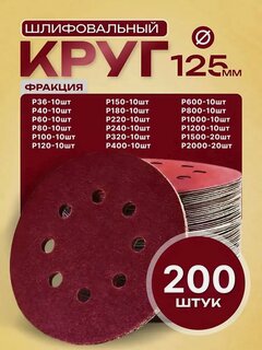 Изображение товара Шлифовальные круги 125мм на липучке 200 шт набор / Диски шлифовальные набор Р36 - Р2000