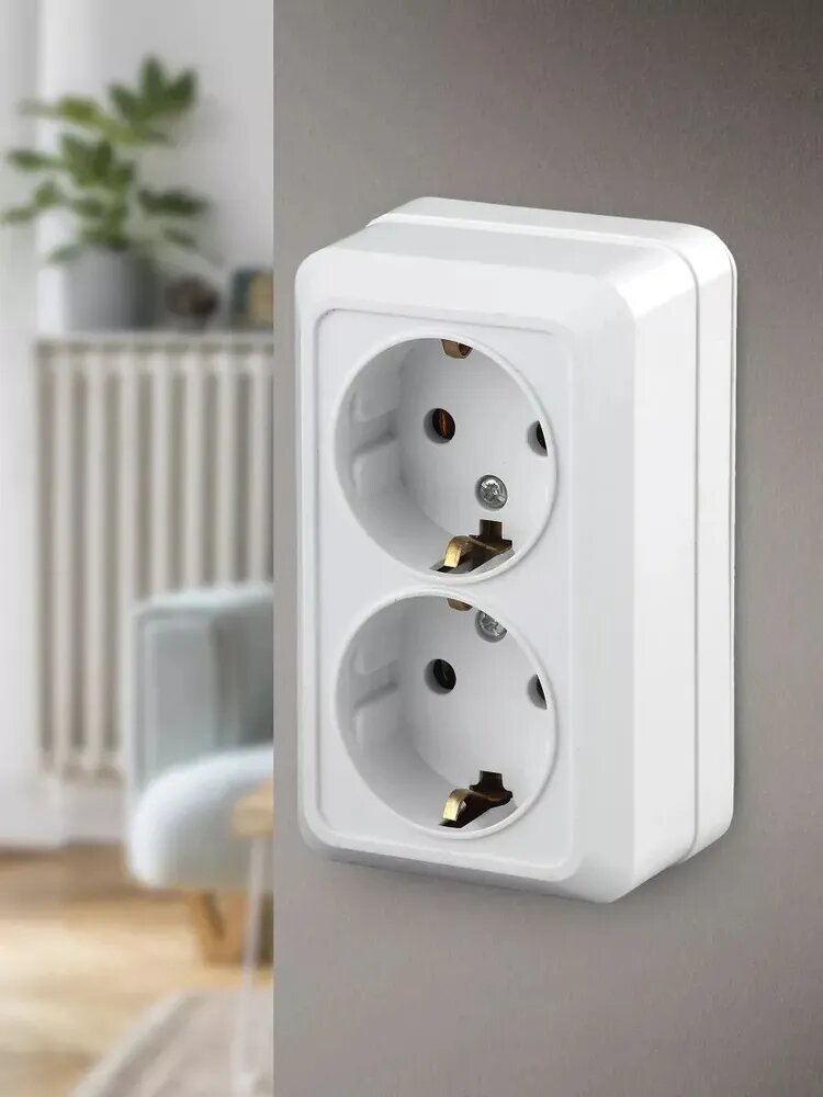 Розетка с заземлением двойная Intro Quadro 16А 250В IP20 открытой установки Schuko белая — фото 1