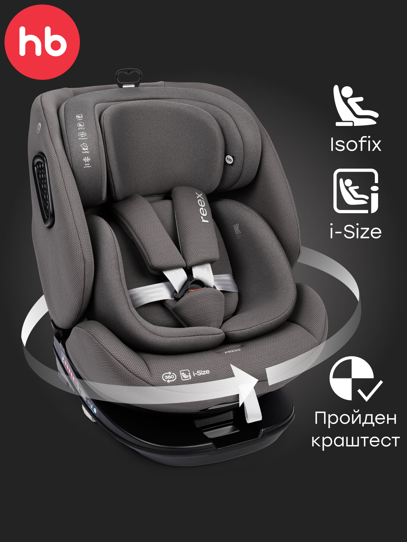 Автокресло детское Reex Happy Baby, поворот на 360, от 0 до 12 лет, 0/1/2/3 (до 36 кг), Isofix, 40-150 см, графитовое
