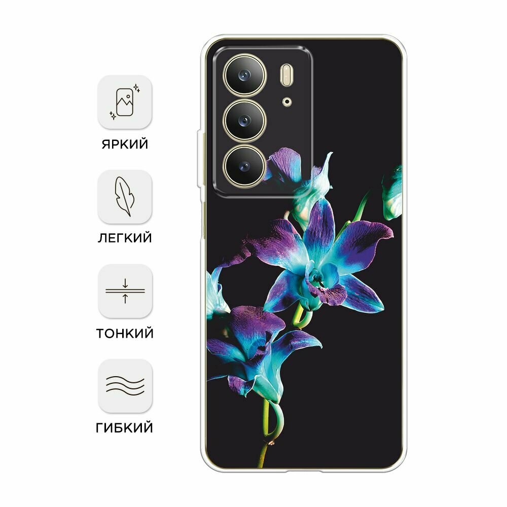 Чехол на Realme C75 4G / Реалми C75 4G с принтом "Синий цветок на черном" — фото 1